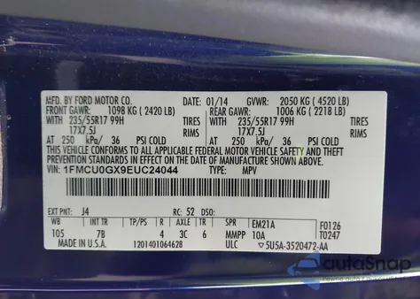 2014 Ford Escape Se из США, поврежденный, VIN 1FMCU0GX9EUC24044